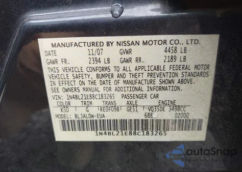2008 Nissan Altima 3.5 Se из США, поврежденный, VIN 1N4BL21E88C183265
